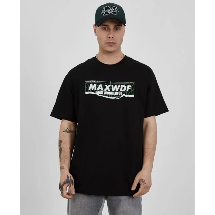 Unisex Bisiklet Yaka Baskılı Oversize T-Shirt - Siyah