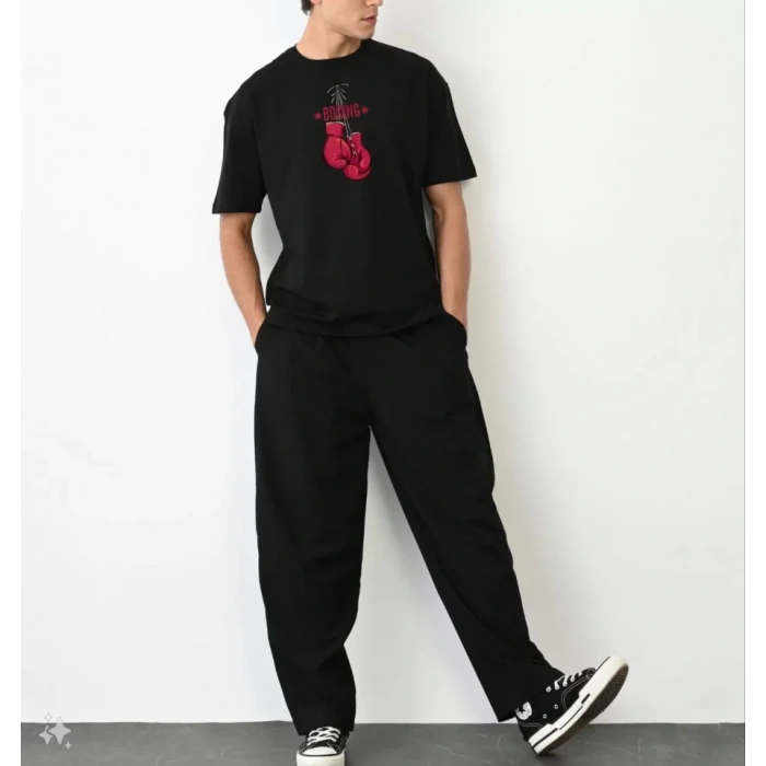 Unisex Bisiklet Yaka Baskılı Oversize T-Shirt - Siyah