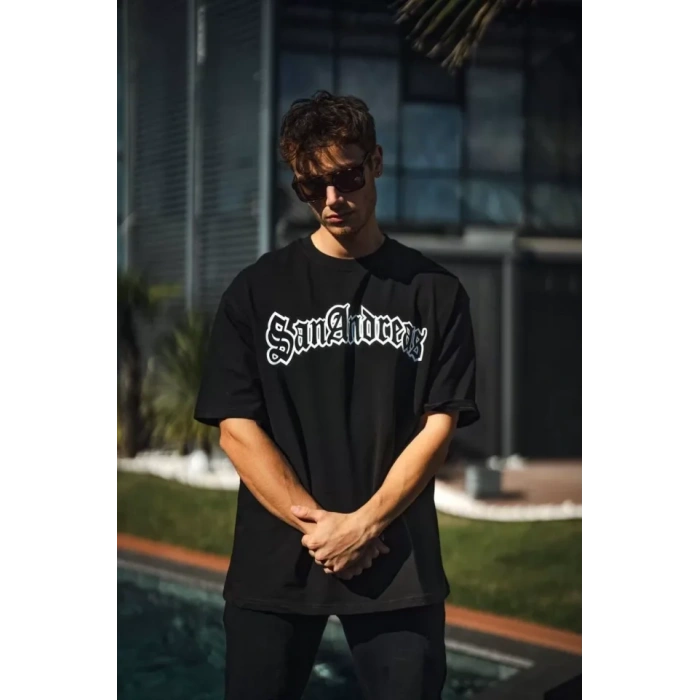 Unisex Bisiklet Yaka Baskılı Oversize T-Shirt - Siyah