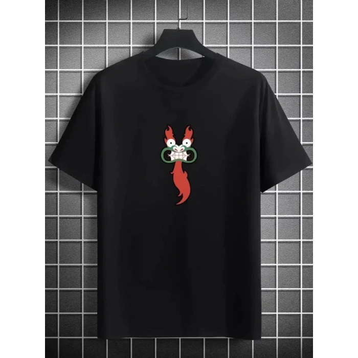 Unisex Bisiklet Yaka Baskılı Oversize T-Shirt - Siyah