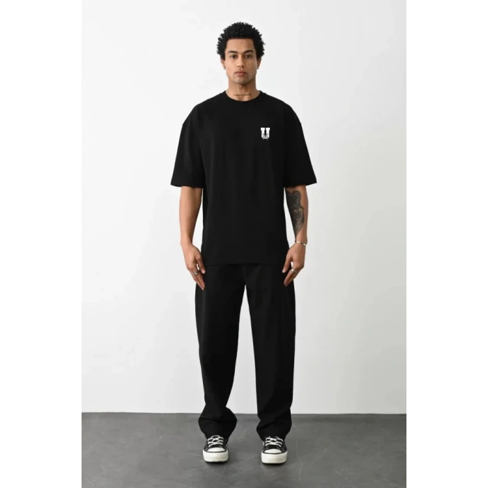 Unisex Bisiklet Yaka Baskılı Oversize T-Shirt - Siyah