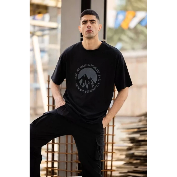 Unisex Bisiklet Yaka Baskılı Oversize T-Shirt - Siyah