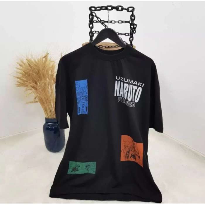 Unisex Bisiklet Yaka Baskılı Oversize T-Shirt - Siyah