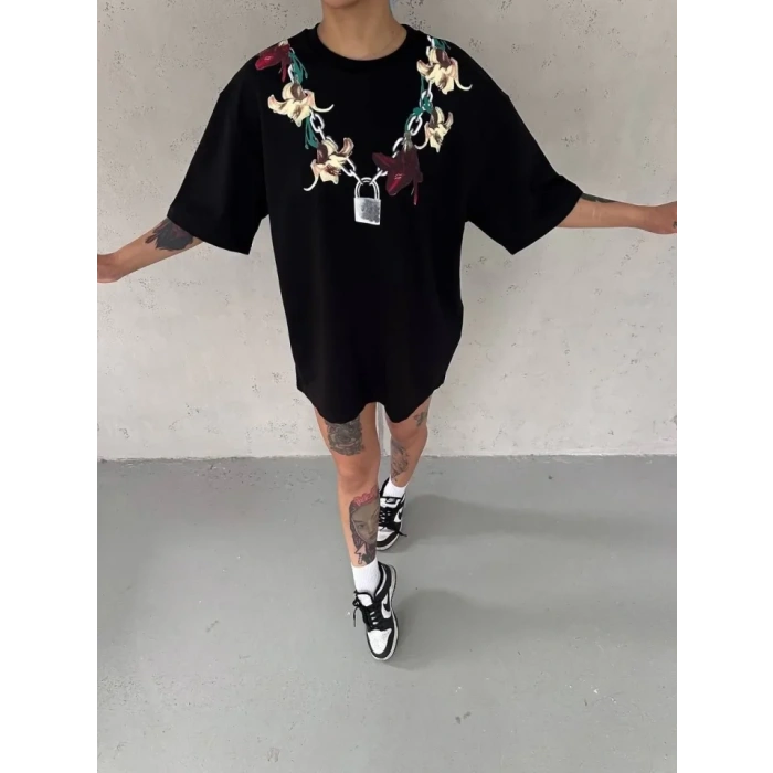 Unisex Bisiklet Yaka Baskılı Oversize T-Shirt - Siyah