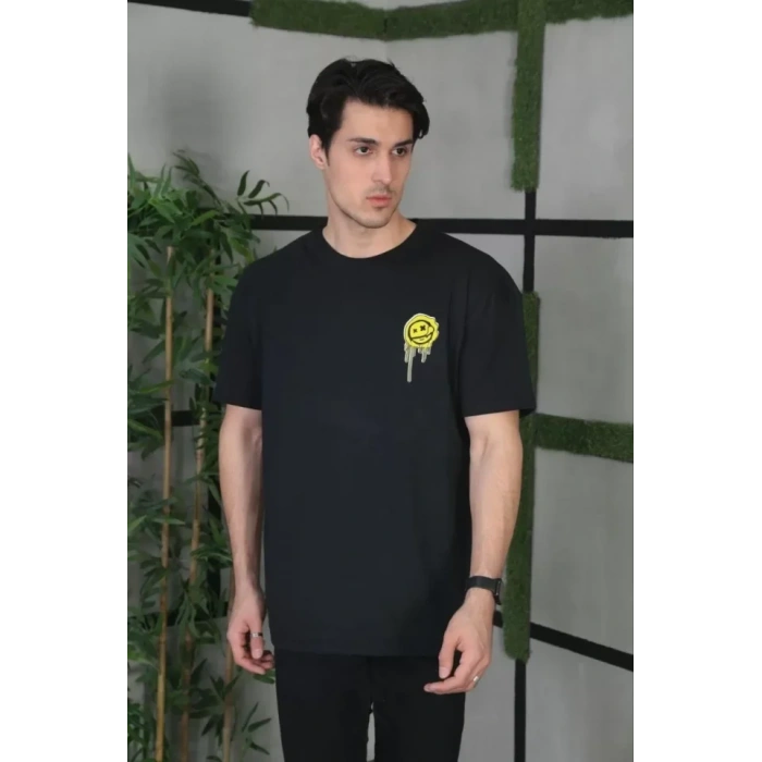 Unisex Bisiklet Yaka Baskılı Oversize T-Shirt - Siyah