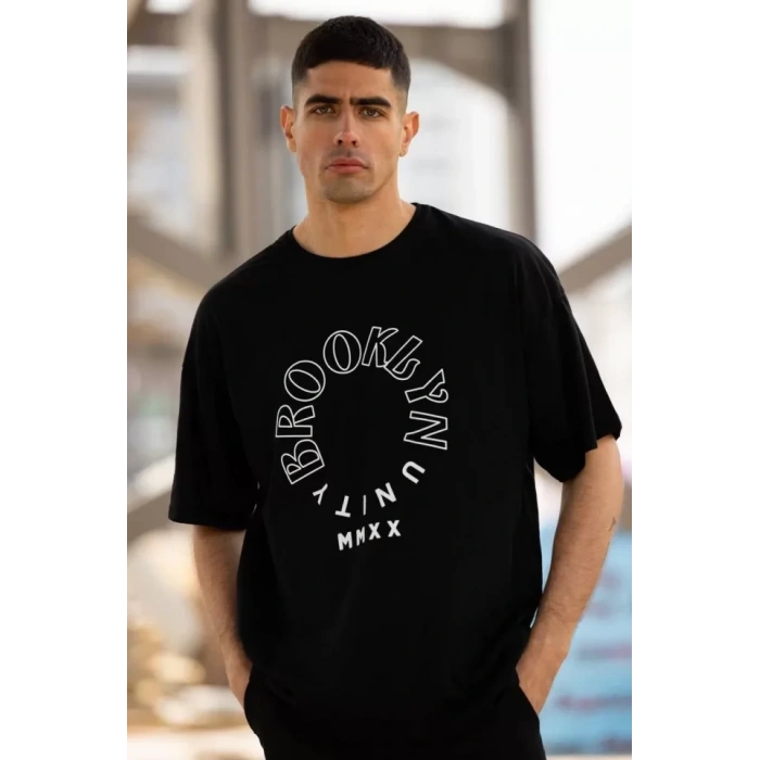 Unisex Bisiklet Yaka Baskılı Oversize T-Shirt - Siyah