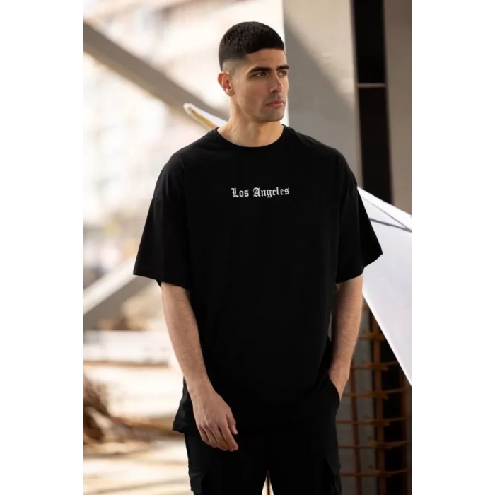 Unisex Bisiklet Yaka Baskılı Oversize T-Shirt - Siyah