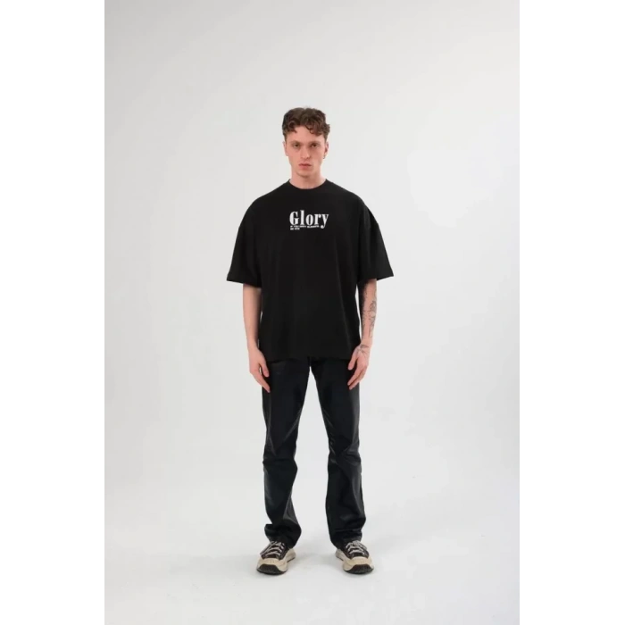 Unisex Bisiklet Yaka Baskılı Oversize T-Shirt - Siyah