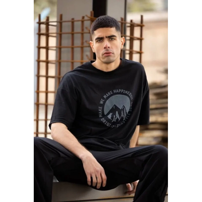 Unisex Bisiklet Yaka Baskılı Oversize T-Shirt - Siyah