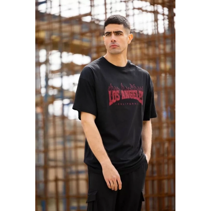 Unisex Bisiklet Yaka Baskılı Oversize T-Shirt - Siyah