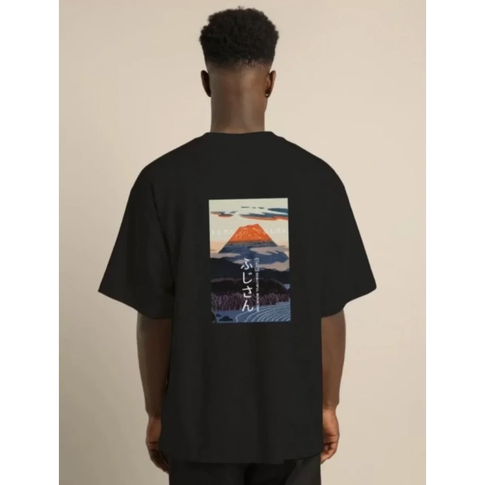 Unisex Bisiklet Yaka Baskılı Oversize T-Shirt - Siyah