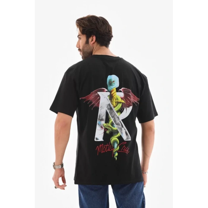 Unisex Bisiklet Yaka Baskılı Oversize T-Shirt - Siyah