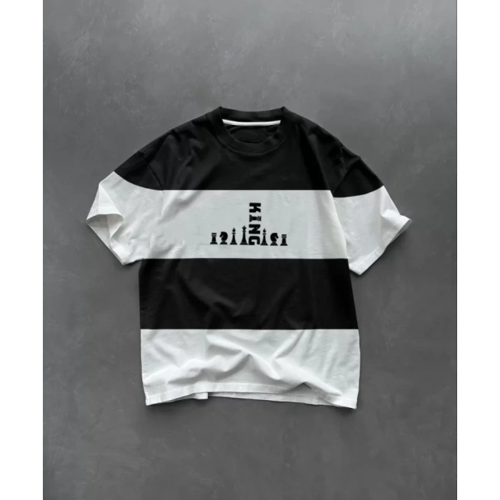 Unisex Bisiklet Yaka Baskılı Parçalı Oversize T-Shirt - Siyah