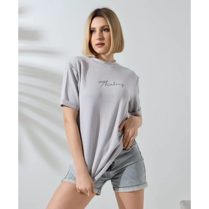 Unisex Bisiklet Yaka Baskılı Slim Fit T-Shirt - Boyalı Gri