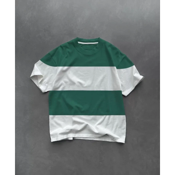 Unisex Bisiklet Yaka Parçalı T-Shirt - Yeşil