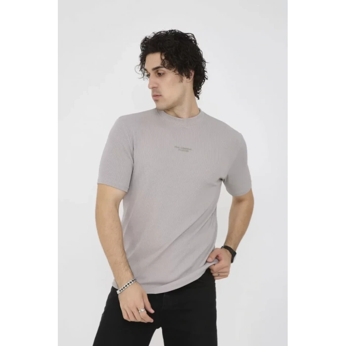 Unisex Bisiklet Yaka Slim Fit T-Shirt- Boyalı Gri