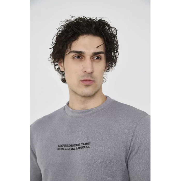 Unisex Bisiklet Yaka Slim Fit T-Shirt- Gri