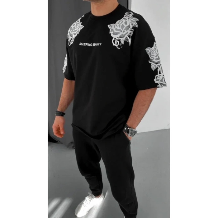 Unisex Flok Kabartma Baskılı T-Shirt - Siyah