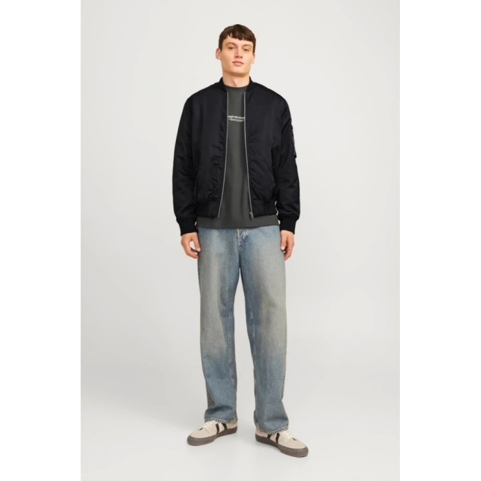 Unisex İçi Astarlı Düz Bomber Ceket - Siyah