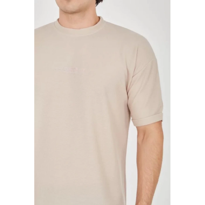 Unisex Jakar Kumaş Rahat Kol T-Shirt - Bej