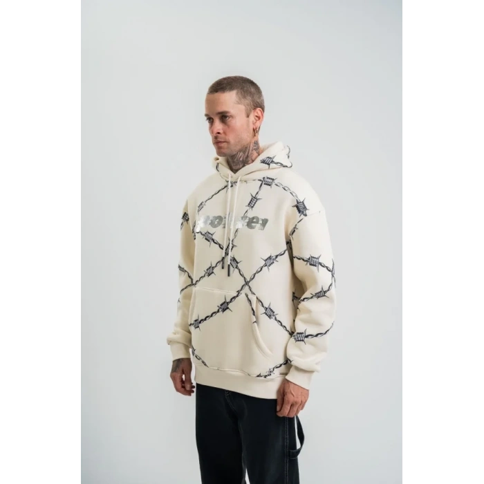 Unisex Kapşonlu Varak Ve Pano Baskılı SweatShirt - Bej