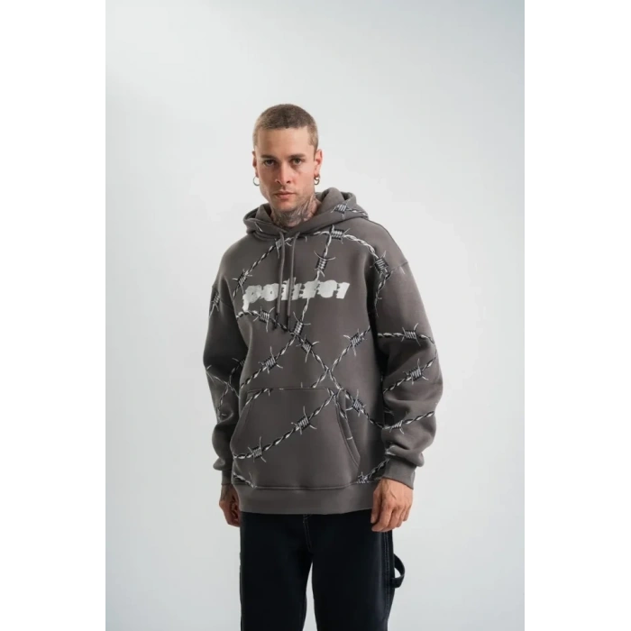 Unisex Kapşonlu Varak Ve Pano Baskılı SweatShirt - Füme