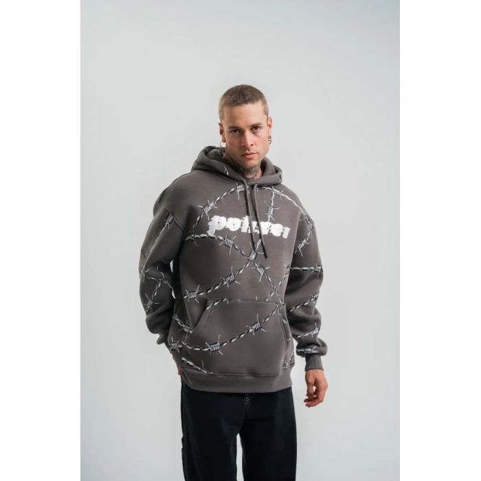 Unisex Kapşonlu Varak Ve Pano Baskılı SweatShirt - Füme