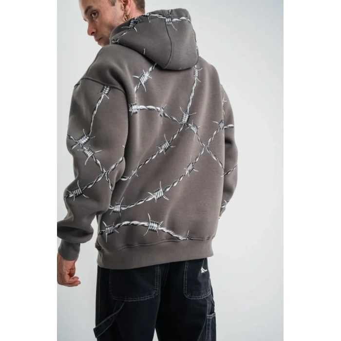 Unisex Kapşonlu Varak Ve Pano Baskılı SweatShirt - Füme