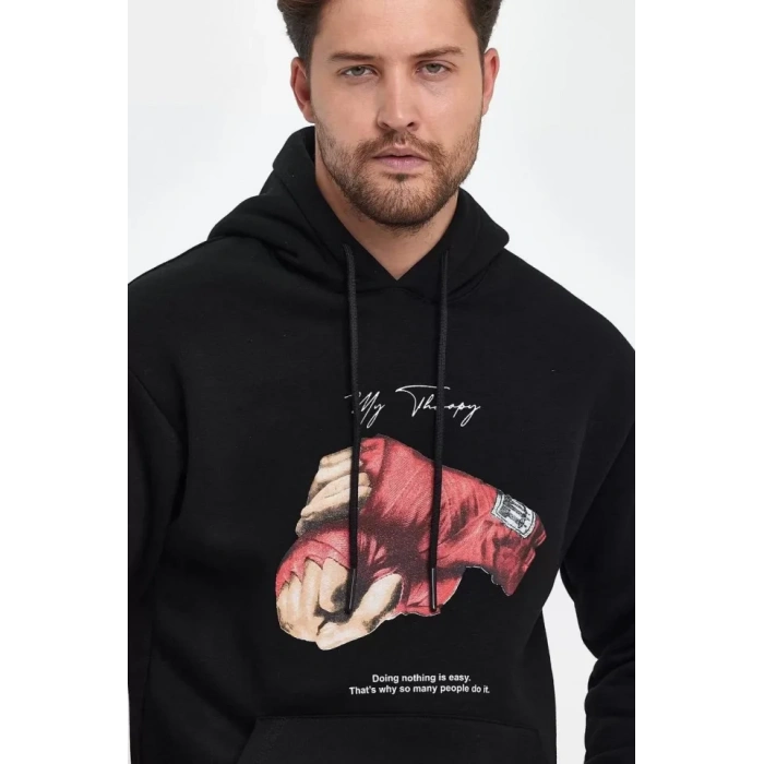 Unisex Kapüşonlu Üç İplik Oversize Baskılı Sweatshirt - Siyah