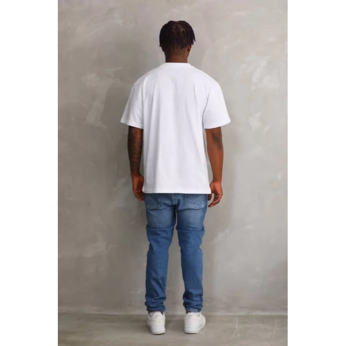 Unisex Kuşgözü Detaylı Baskılı Oversize T-Shirt - Beyaz