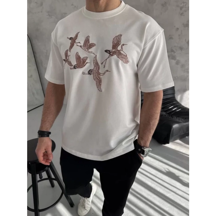 Unisex Nakış İşlemeli T-Shirt - Beyaz