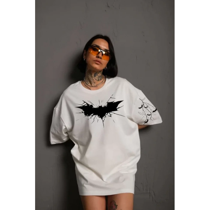 Unisex Ön Ve Kol Baskılı Oversize T-shirt - Beyaz