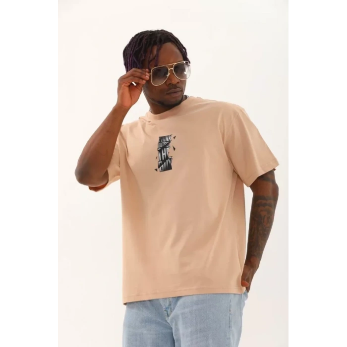 Unisex Oversize Baskılı Bisiklet Yaka T-Shirt - Bej