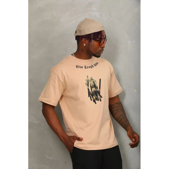 Unisex Oversize Baskılı Bisiklet Yaka T-Shirt - Bej