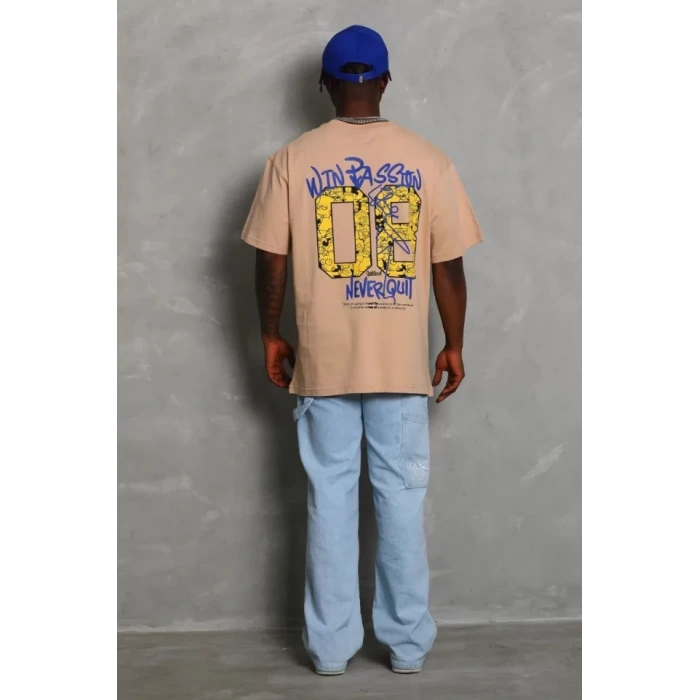 Unisex Oversize Baskılı Bisiklet Yaka T-Shirt - Bej