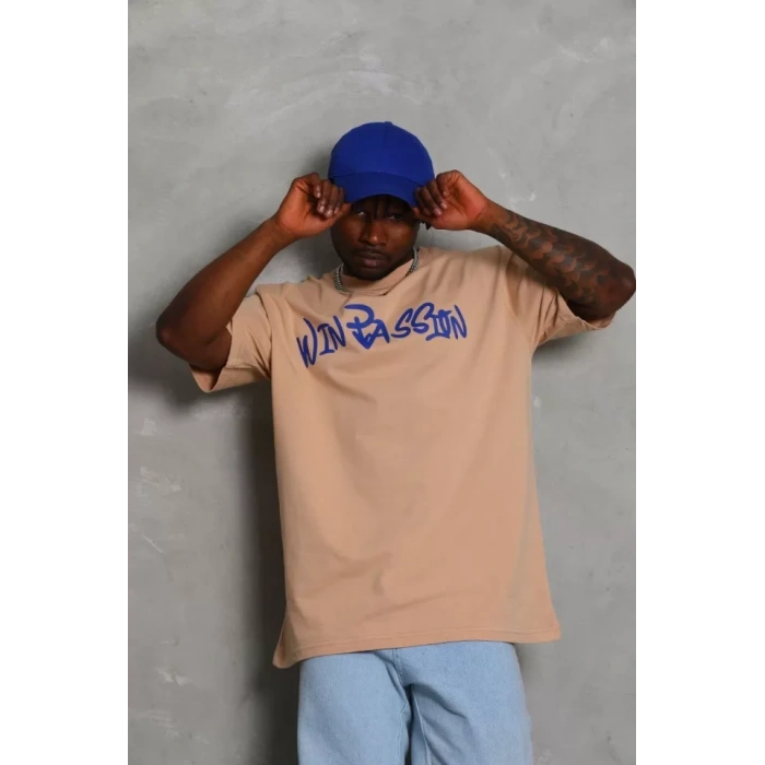 Unisex Oversize Baskılı Bisiklet Yaka T-Shirt - Bej