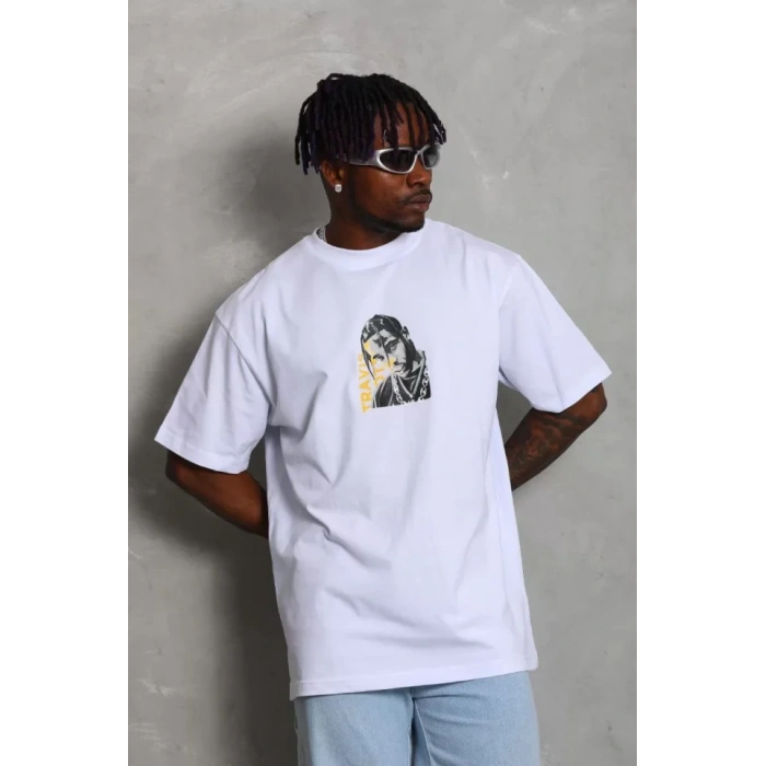 Unisex Oversize Baskılı Bisiklet Yaka T-Shirt - Beyaz