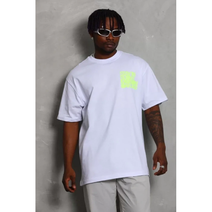 Unisex Oversize Baskılı Bisiklet Yaka T-Shirt - Beyaz