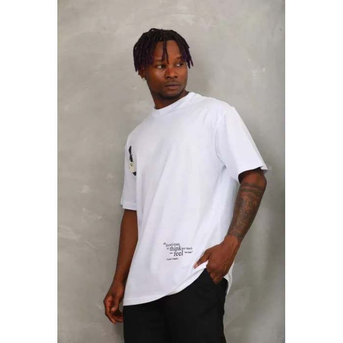 Unisex Oversize Baskılı Bisiklet Yaka T-Shirt - Beyaz