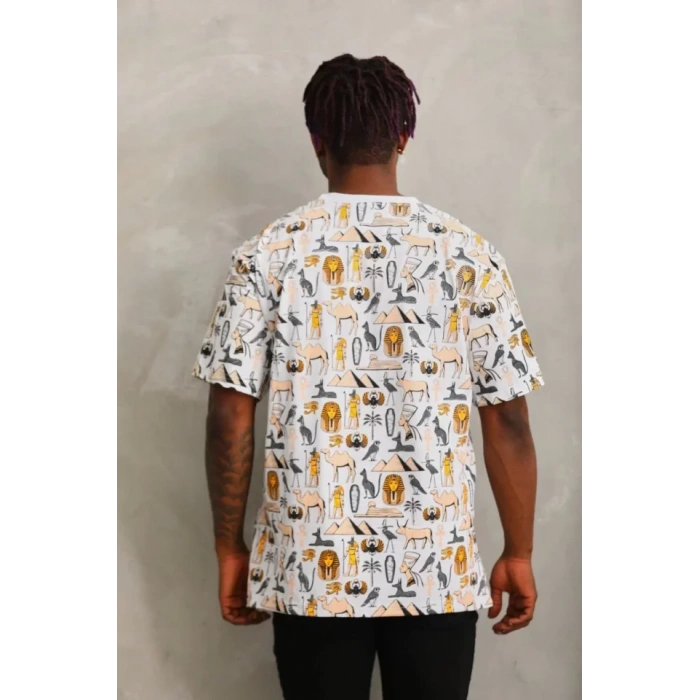 Unisex Oversize Baskılı Bisiklet Yaka T-Shirt - Beyaz