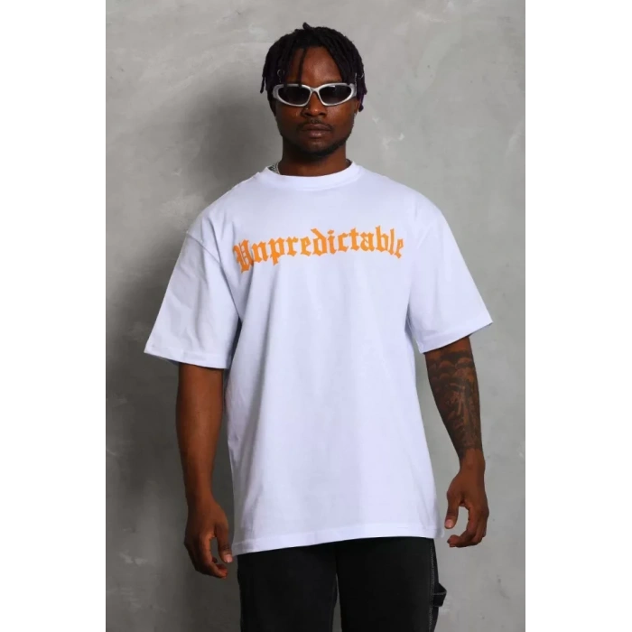 Unisex Oversize Baskılı Bisiklet Yaka T-Shirt - Beyaz