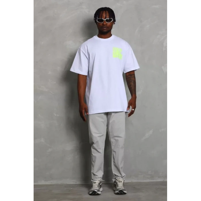 Unisex Oversize Baskılı Bisiklet Yaka T-Shirt - Beyaz