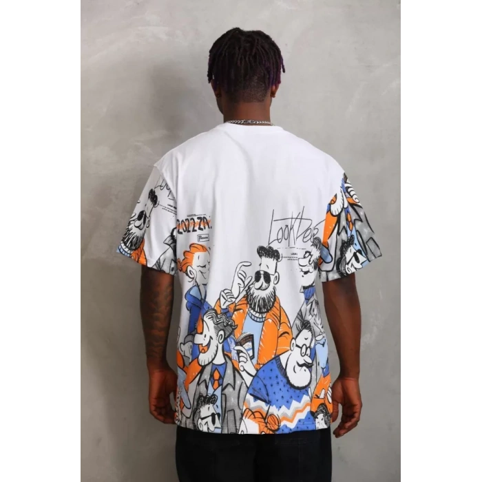 Unisex Oversize Baskılı Bisiklet Yaka T-Shirt - Beyaz