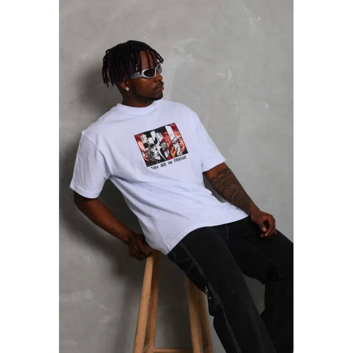 Unisex Oversize Baskılı Bisiklet Yaka T-Shirt - Beyaz