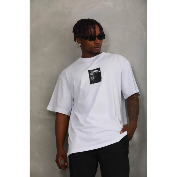 Unisex Oversize Baskılı Bisiklet Yaka T-Shirt - Beyaz