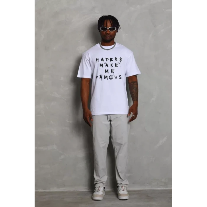 Unisex Oversize Baskılı Bisiklet Yaka T-Shirt - Beyaz