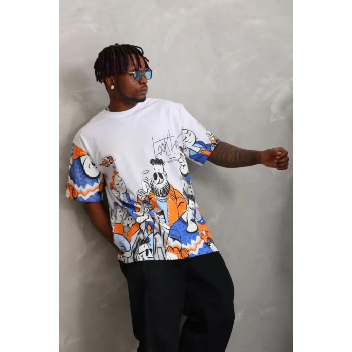 Unisex Oversize Baskılı Bisiklet Yaka T-Shirt - Beyaz
