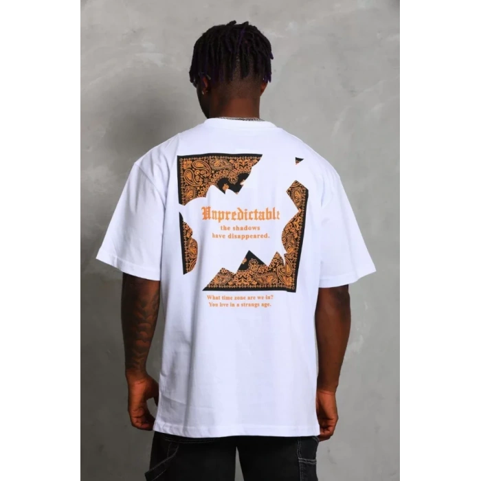 Unisex Oversize Baskılı Bisiklet Yaka T-Shirt - Beyaz