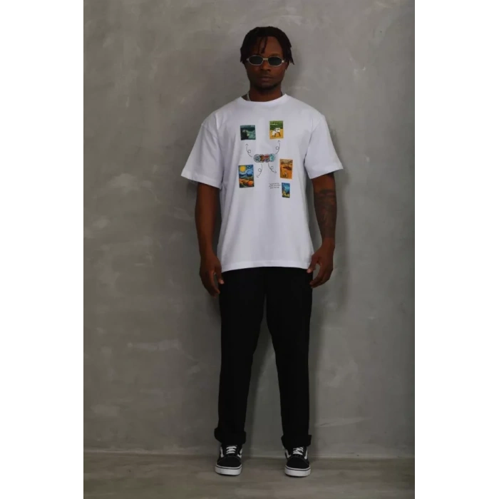 Unisex Oversize Baskılı Bisiklet Yaka T-Shirt - Beyaz