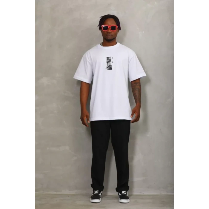 Unisex Oversize Baskılı Bisiklet Yaka T-Shirt - Beyaz